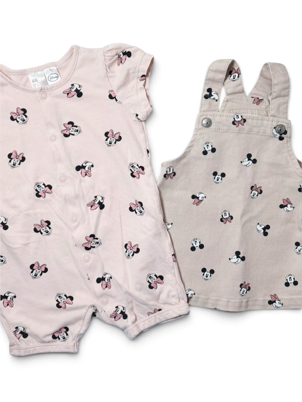H&M Disney Minnie Mouse Pink Romper & Twill Overalls Dress Set 6M AOP Cotton